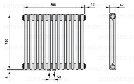 Схема (чертеж) Радиатор Zehnder Charleston 2075/13 №3470 Белый глянцевый RAL 9016